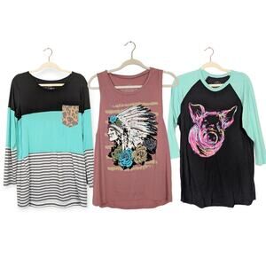 Crazy Train Graphic Print Farmhouse Raglan Tee Set Size L